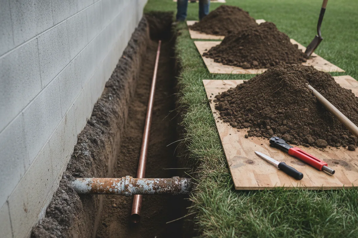Excavated water line trench during Water Softener Installation in Dacula